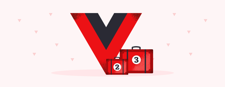 Логотип Vue.js, справа от которого два чемодана, на одном написана цифра "2", на другом "3"